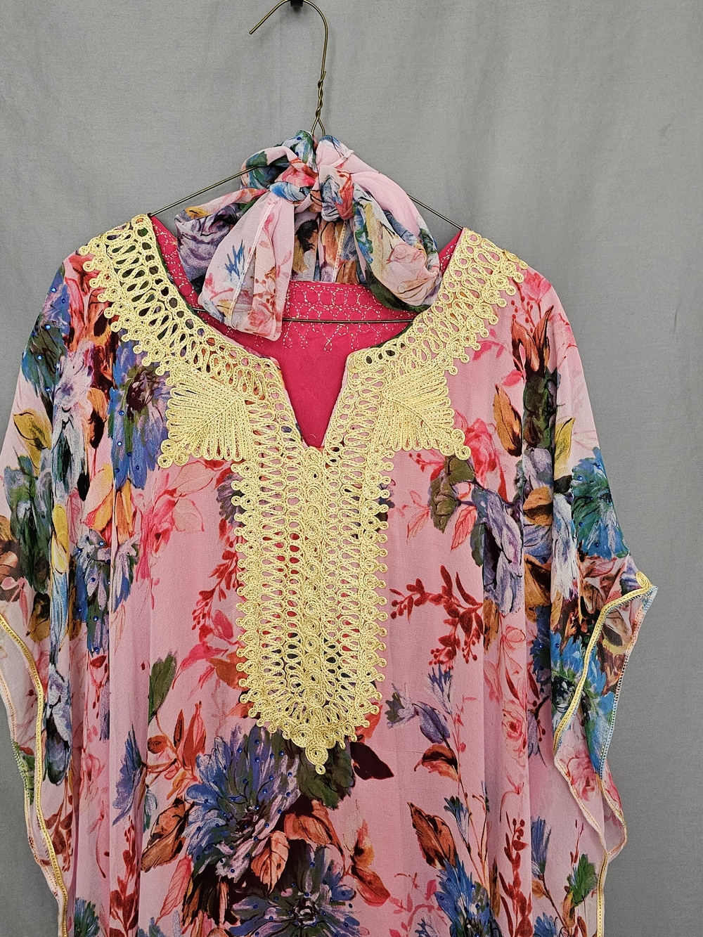 Silk Chiffon Pink Floral Maxi Caftan with Gold Crochet V-Neck - Picture 4 of 10
